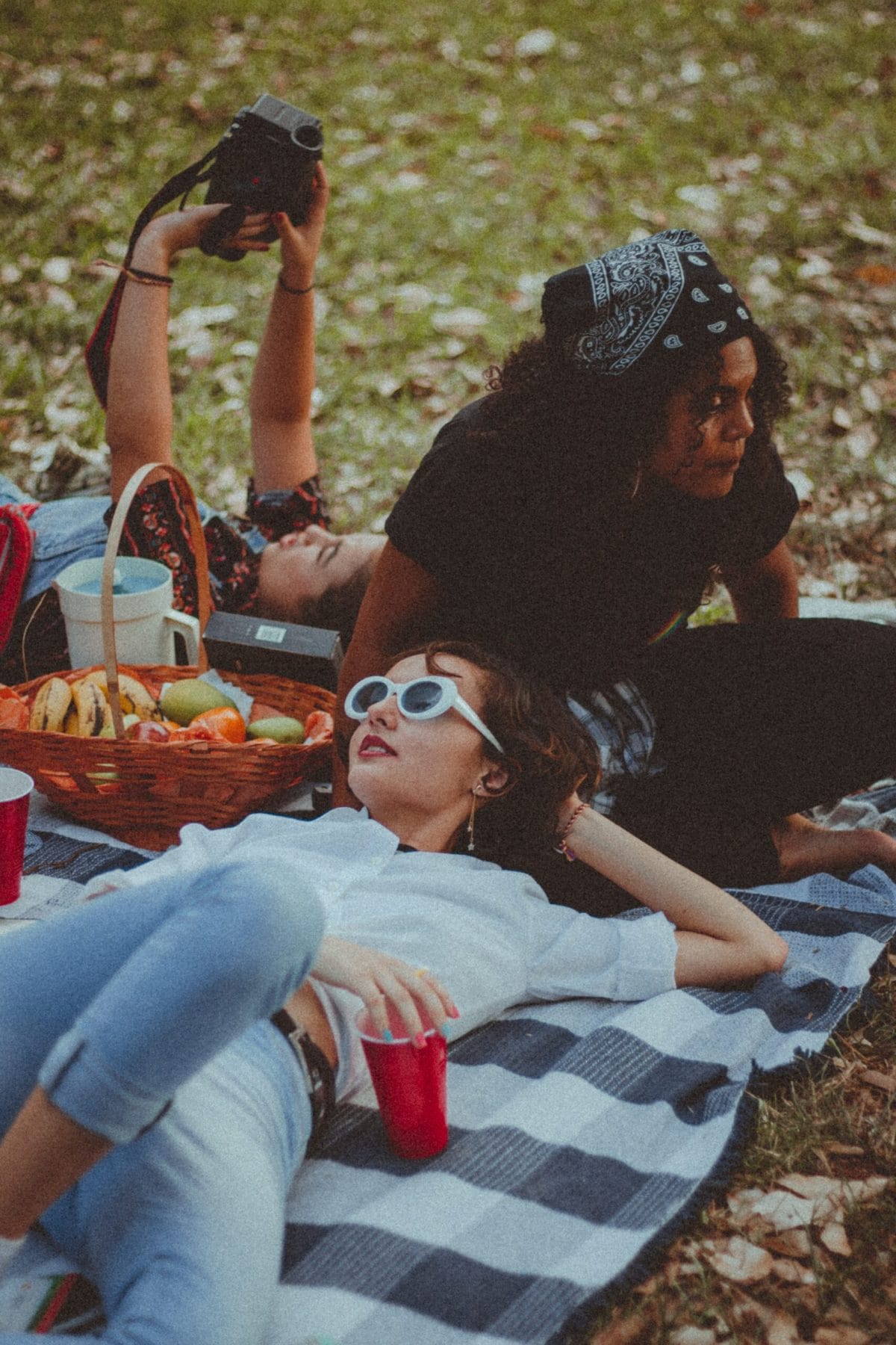 Picnic de 3 amigas con comida, en parque