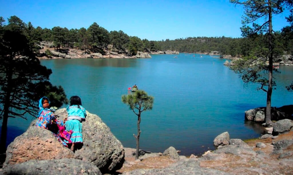 Paisaje de una laguna con arboles grandes. En la orilla de abajo se observan piedras gigantes y en ellas se encuentran dos niñas con vestido color azul.