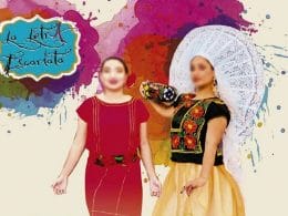 cartel de difusion de evento; dos mujeres con trajes tripicos de colores