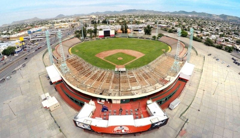 Vista aérea del Estadio Héctor Espino que recibió inversión del Gobierno Federal para su remodelación