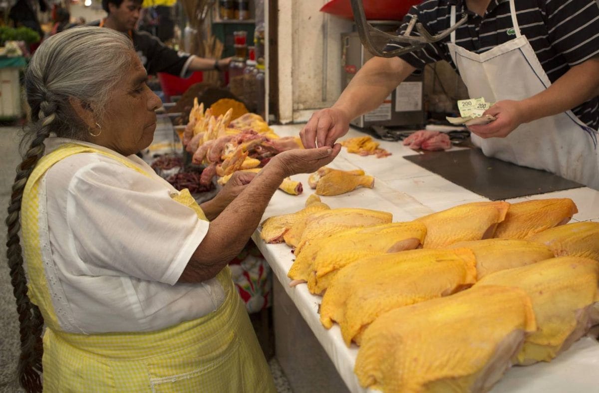 Una mujer, simula en un mercado, comprando piezas de pollo. Recibe dinero, como si acabara de pagar.